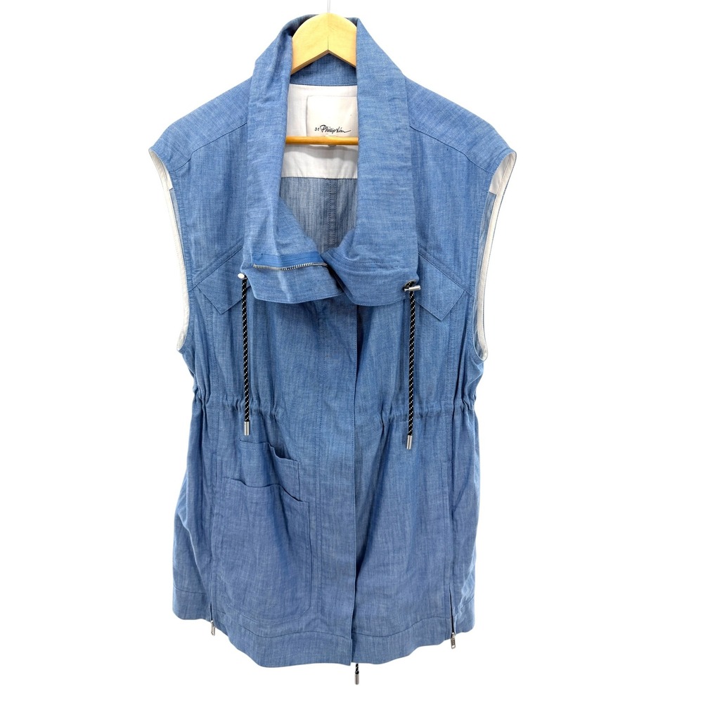 3.1 Phillip Lim Womens Blue Cotton Chambray Utility Vest Funnel Neck Size S